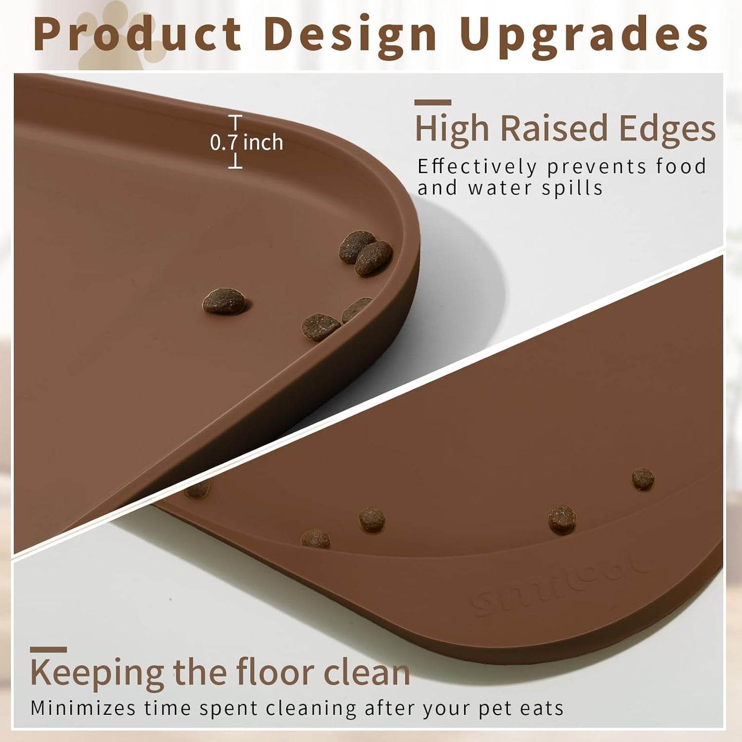 Silicone Pet Feeding Mat with Raised Edge & Residue Collection Pocket for Food and Water, Dog Bowl Mats, Cat Bowls Placemat with High Lip for Floor Waterproof, 19 x 12 x 0.7 Brown