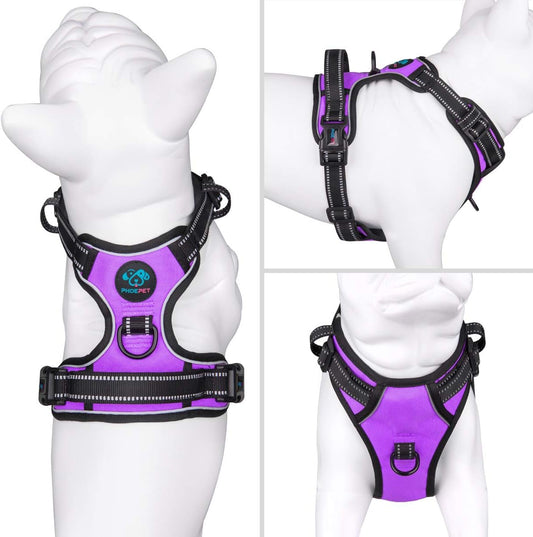 PHOEPET No Pull Dog Harnesses for Small Puppies Reflective Adjustable Front Clip Vest with 2 Metal Leash Attachment Hooks Soft Handle(S, Purple)