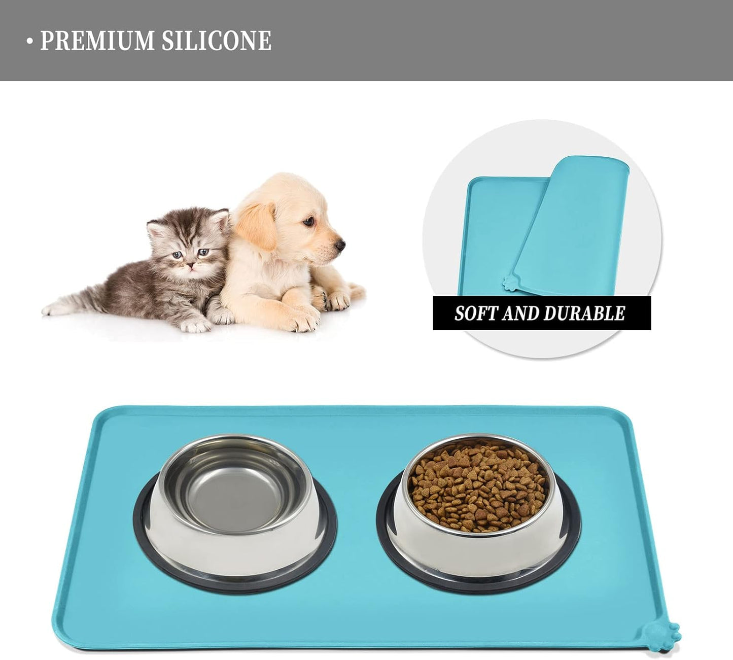 Waterproof Pet Feeding Mat with High Raised Edges, Heavier and Thicker Placemats for Cat Dog Water Bowl with BPA Free, Dogs Cats Food Mats for Messy Drinkers to Prevent Spill and Protect Floors