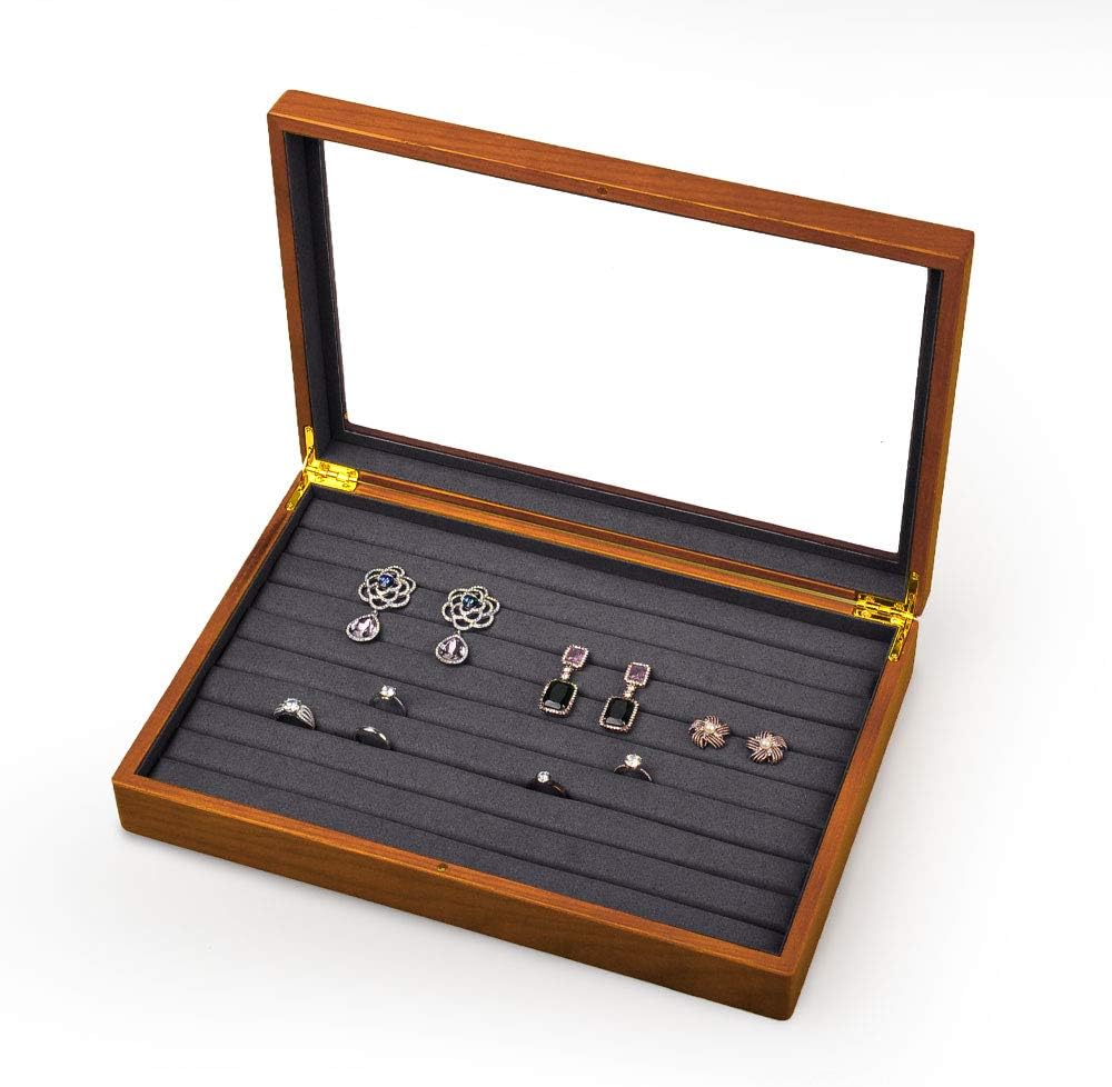 Oirlv Solid Wood Jewelry Display Box Rings Earrings Organizer Case with Acrylic Lid Vintage Gift for Women