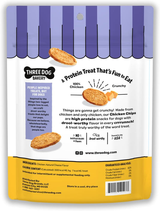 Three Dog Bakery Bark’N Crunch! Chicken Chips, Cheese Flavor, Crunchy Treat for Dogs, Two Ingredients, High Protein Snacks, No Artificial Flavors or Colors, Made in The USA, 4 oz