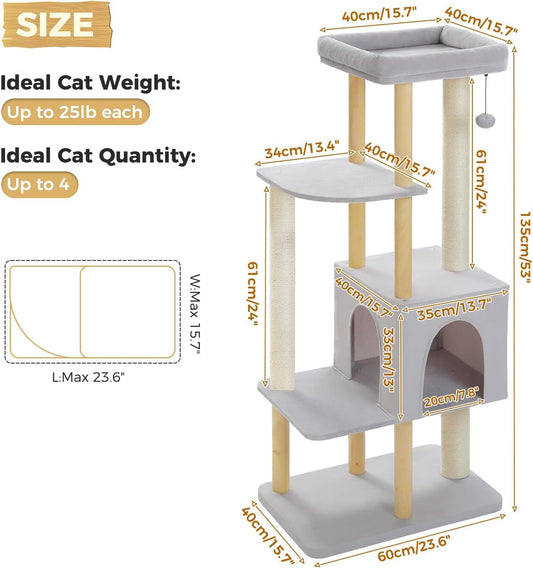 PAWZ Road Large Cat Tree, 53 Inches Modern Wooden Cat Tower for Indoor Cats, Multi-Level Cat Condos with Long Scratching Posts and Natural Wood Posts，Gray