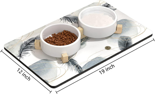 Rnivvi Dog Food Mat, 12" x 19" Absorbent Dog Cat Bowl Mat for Food and Water, Cute Anti-Slip Rubber Pet Feeding Rug Protect Floors, Puppy Placemat for Feeding & Watering Supplies, Abstract Plume