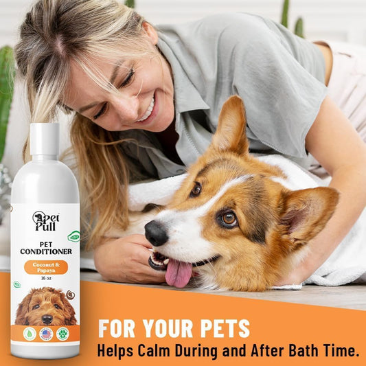 Dog Conditioner Puppy Essentials - Moisturizing Conditioner for Dogs with Coconut and Papaya Scent - Plant Based Dog Bath Supplies Detangle and Revive Pet's Coat - Made in USA (16 Oz)