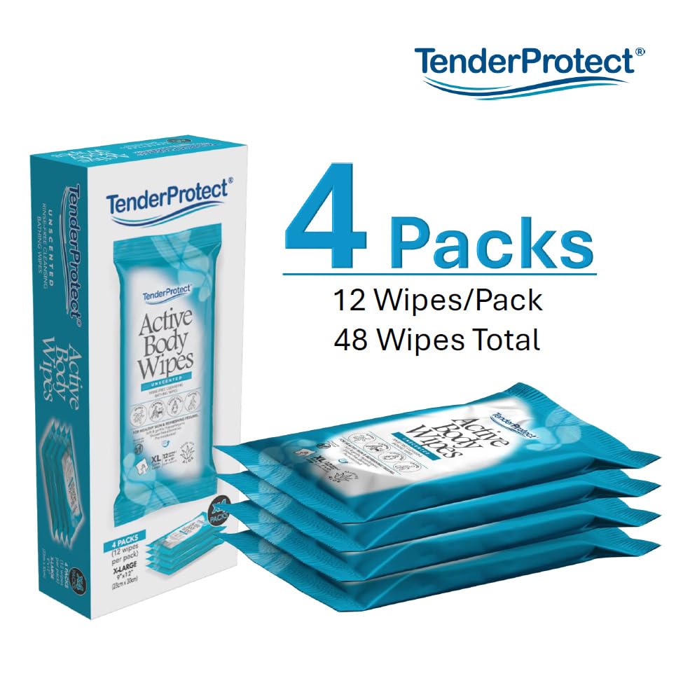 Active Body Wipes, XL Rinse-Free Shower Wipe for Adults, 9" x 12" Extra Large, Aloe, No Rinse Bath Wash Cloth - Gym, Sports, Travel, Camping, Elderly Care, Portable 12 Ct Packs (48 ct)