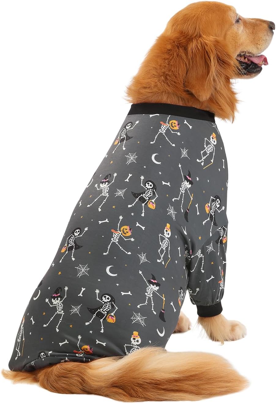 HDE Dog Pajamas One Piece Jumpsuit Lightweight Dog PJs Shirt for M-3XL Dogs Skeleton Bones - M