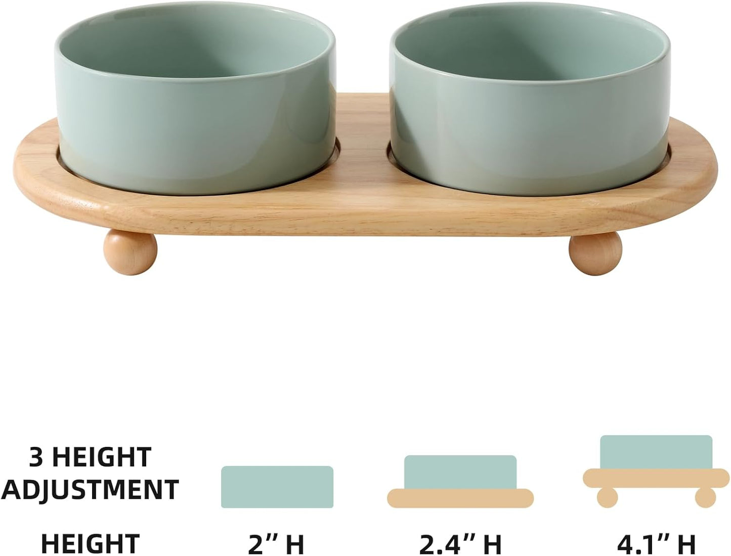 Ceramic Elevated Dog Bowls, Food and Water Bowls for Dogs, Puppy, Raised Dog Dish, Pet Feeder(6inch, 2 x Light Green + Stand)