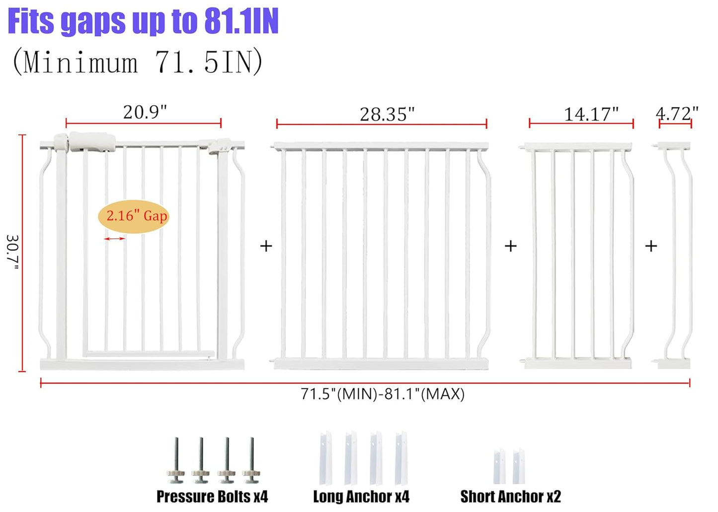 Extra Wide 76.4-81 Inch Large Baby Gates for Stairs, Doorways - No Drilling, Pressure Mounted Pet Gates for Kids & Dogs