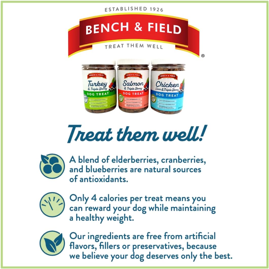 Bench & Field Holistic Natural Turkey & Triple Berry Dog Treats | Crunchy Bone-Shaped Bites | Antioxidant Blend, 10-Ounce Bottle