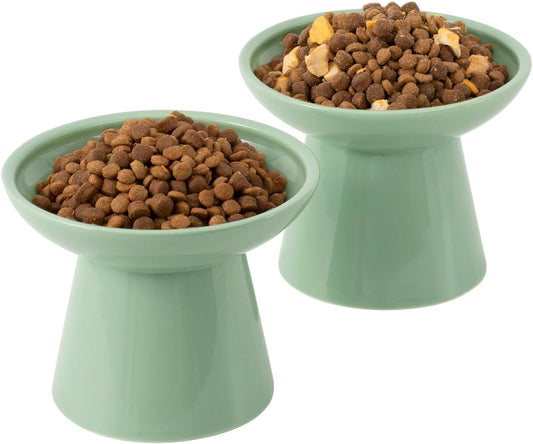 Extra Wide Elevated Ceramic Cat Bowl, 6.2" Shallow Dish for Whisker Fatigue Relief, 5" Height for Easy Feeding, Durable Raised Cat Food Bowls, Pack of 2, Sage Green