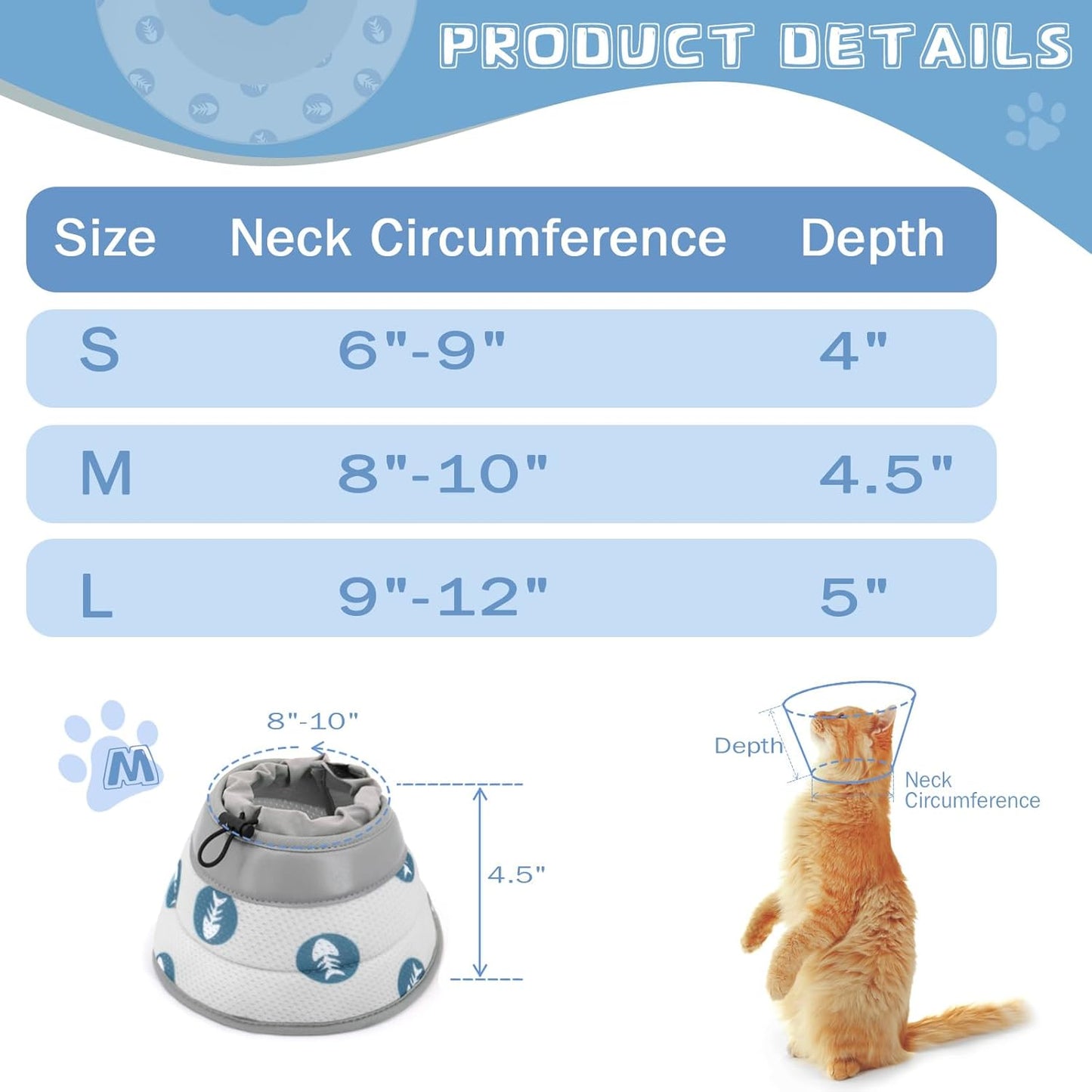 Cat Cone Collar Soft to Stop Licking After Surgery Cat Recovery Collar for Small Large Cats Adjustable Elizabethan Collar