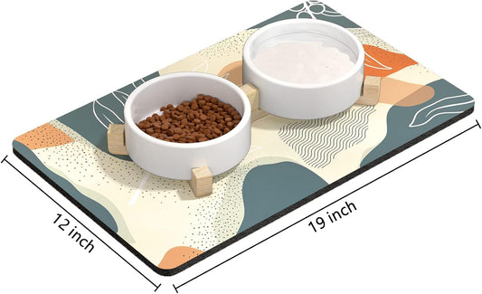 Rnivvi Dog Food Mat, 12" x 19" Boho Absorbent Dog Cat Bowl Mat for Food and Water, Cute Anti-Slip Rubber Pet Feeding Rug Protect Floors, Puppy Placemat for Feeding & Watering Supplies, Abstract Leaves
