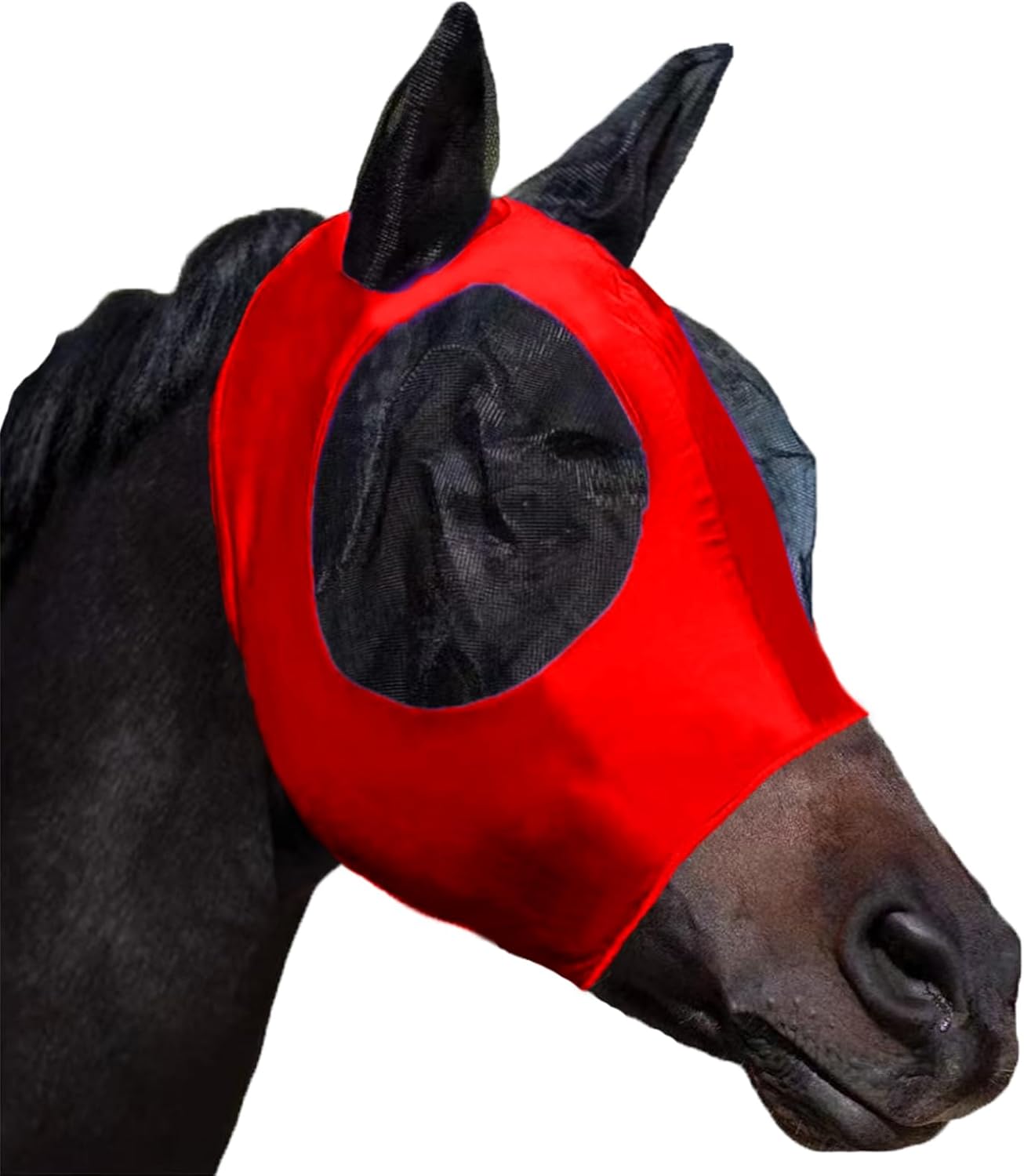 Horse Fly Mask with Ears, Comfortable Fit Stretch Fabric with UV Protection Soft on Skin Breathability for Small/Medium Size Horses (Red)