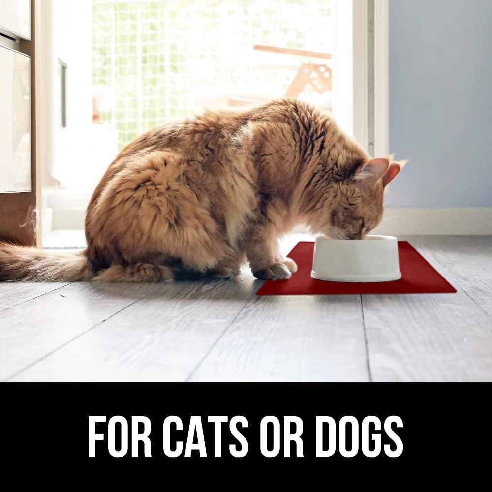 GORILLA GRIP 100% Waterproof Raised Edge BPA Free Silicone Pet Feeding Mat, Dog Cat Food Mats Contain Spills Protects Floors, Placemats for Cats and Dogs Water Bowl, Pets Accessories 16x10, Red