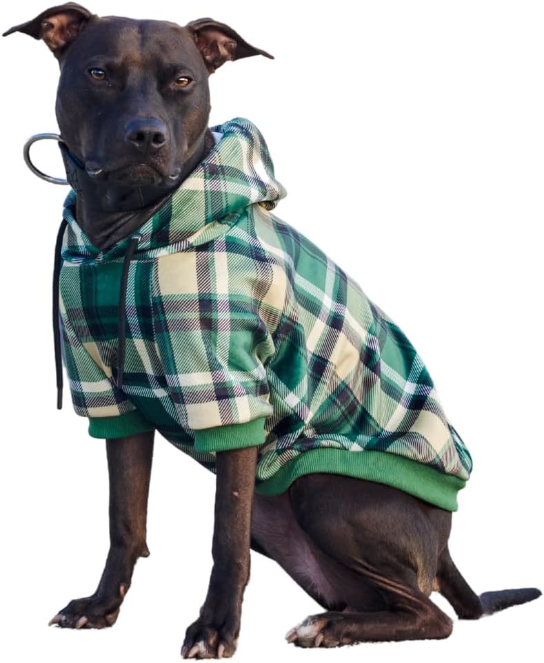 Spark Paws Dog Hoodie – Premium Dog Sweater for Small, Medium, and Large Dogs | Warm Outfits for French Bulldogs, Pitbull, Puppy, Winter Jacket Alternative - Green Plaid - 3XL