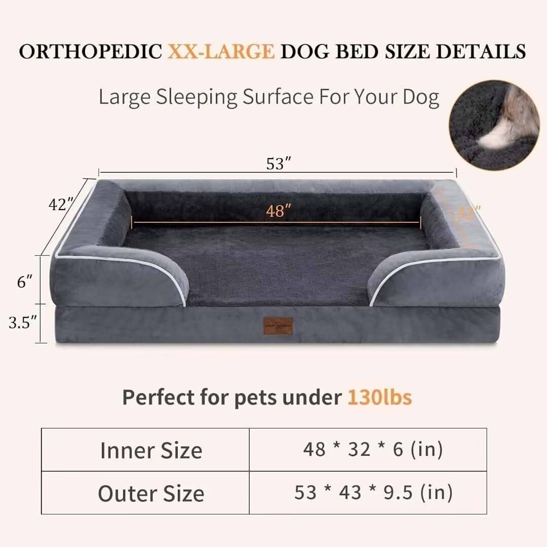 Comfort Expression Waterproof Orthopedic Foam Dog Beds, XXL Orthopedic Dog Beds for Extra Large Dogs, Washable Pet Sofa Bed with Removable Cover & Non-Slip Bottom(XX-Large,Dark Grey)