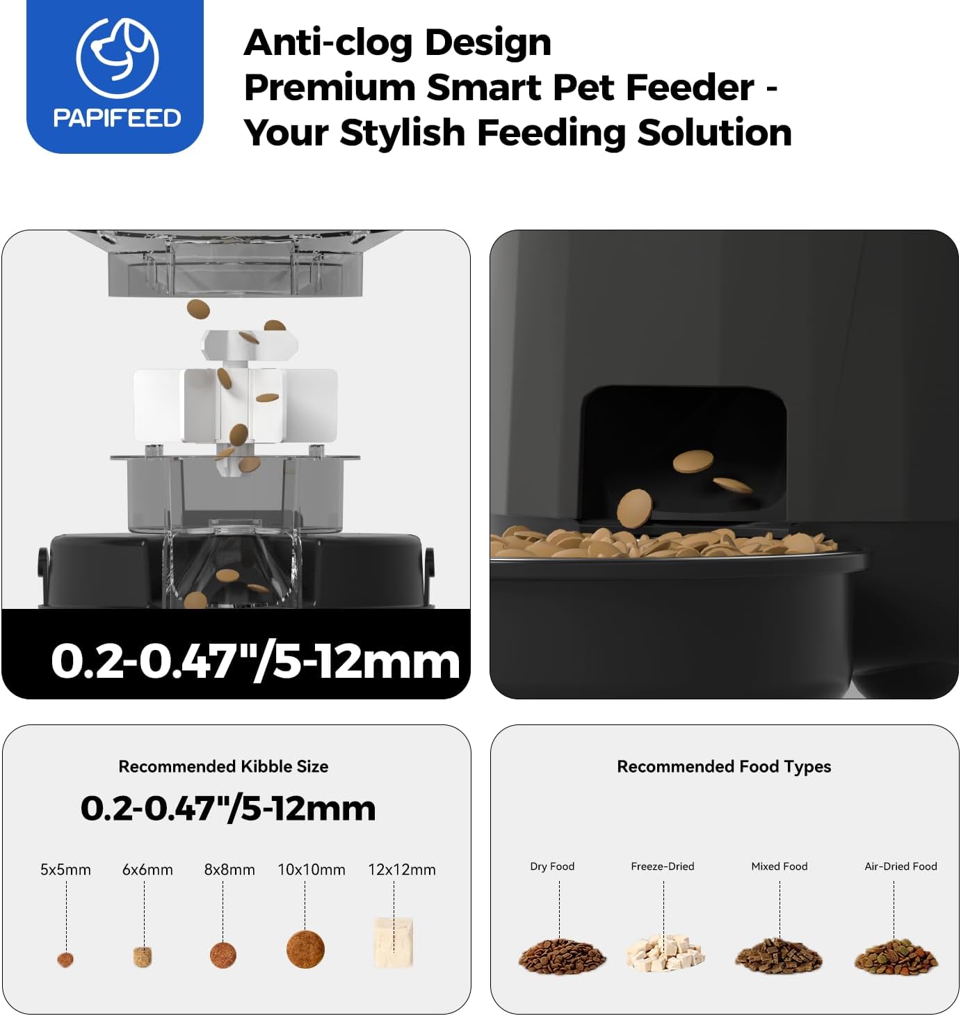 PAPIFEED Automatic Cat Feeder, 3L Timed Cats Food Dispenser with Dual Power Supply, Auto Pet Feeder with Programmable Portion Control for Cats and Small Dogs, Black