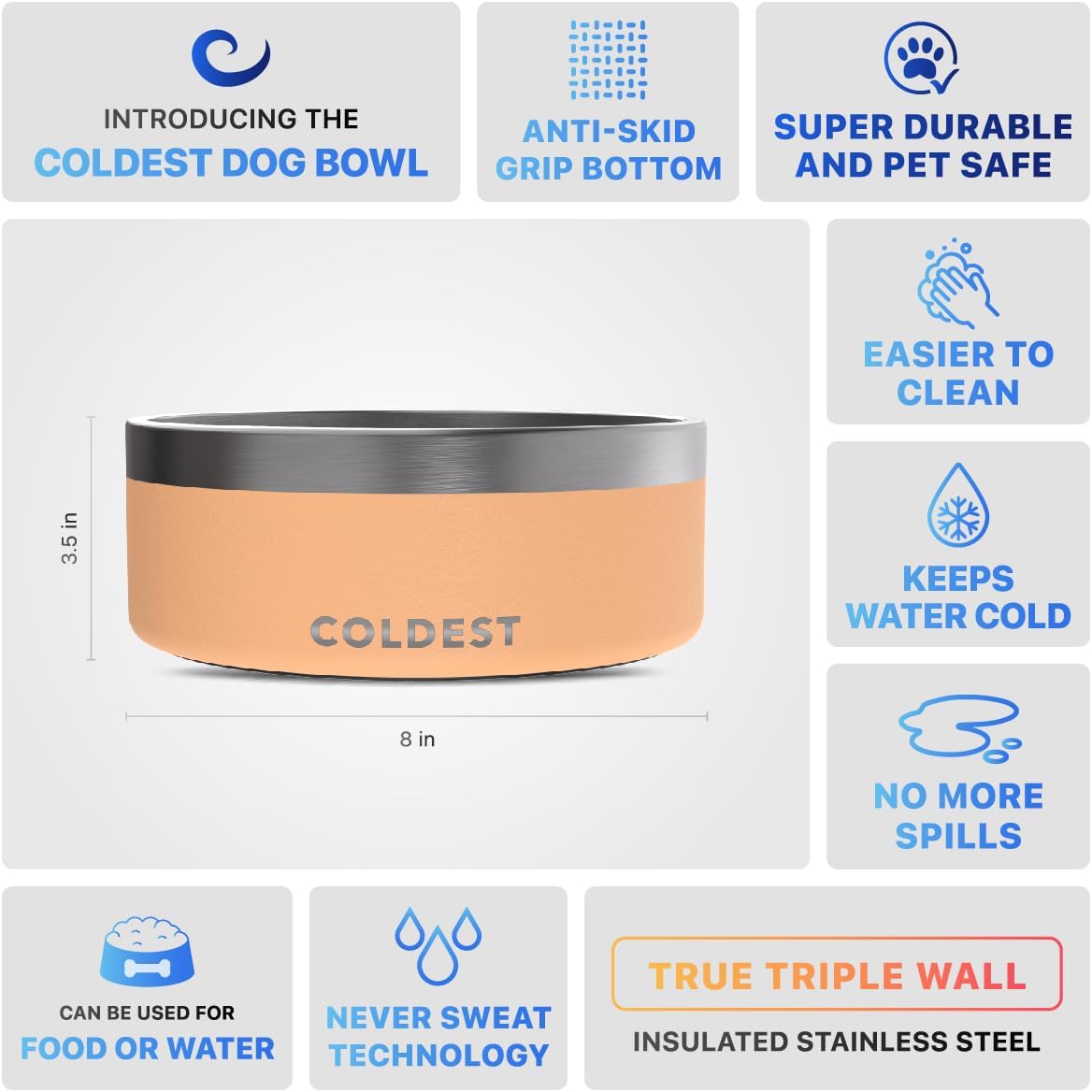 Coldest Dog Bowl - Anti Rust Metal, Non Slip, 3 Layers Insulated Stainless Steel Dog Bowls - Spill Proof & Heavy Duty - Water Bowl for Dogs, Cats & Pets, Dish Washer Safe (64 oz, Sahara Peach)
