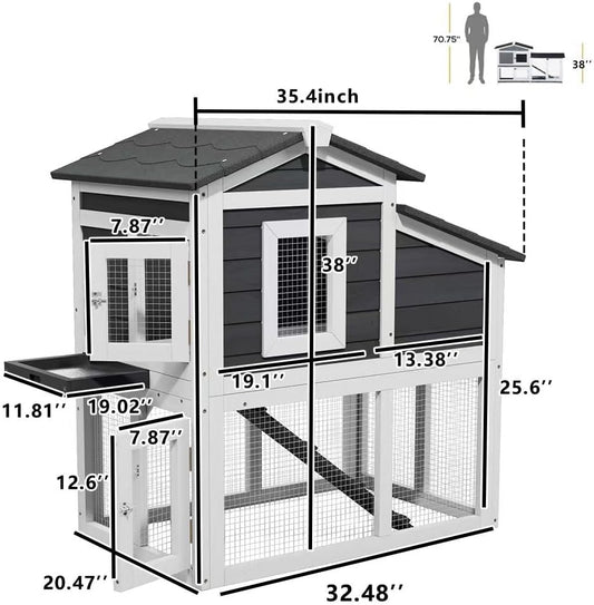 Bunny Cage Premium Rabbit Hutch with Leak-Proof Roof, 2-Story Bunny House for Guinea Pigs & Hamster,Wooden Chicken House with Deep Pull-Out Tray, Waterproof Chicken Coop for Outside (Grey)