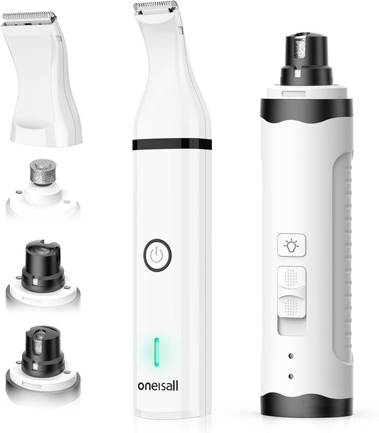 oneisall Dog Nail Grinder and Paw Trimmer Kit 2 in 1 Quiet Rechargeable Electric Pet Nail Grinder with 2 LED Lights and Cordless Dog Grooming Safe Clippers