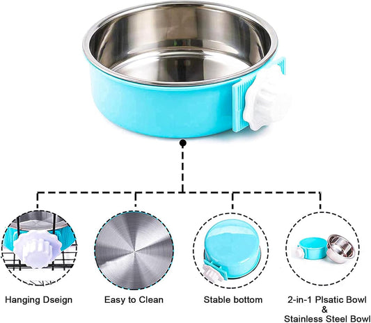 HERCOCCI Dog Crate Bowl, Removable Stainless Steel Pet Kennel Cage Hanging Food Bowls and Water Feeder Coop Cup Prevent Overflow for Puppy, Medium Dog, Cat, Rabbit, Ferret