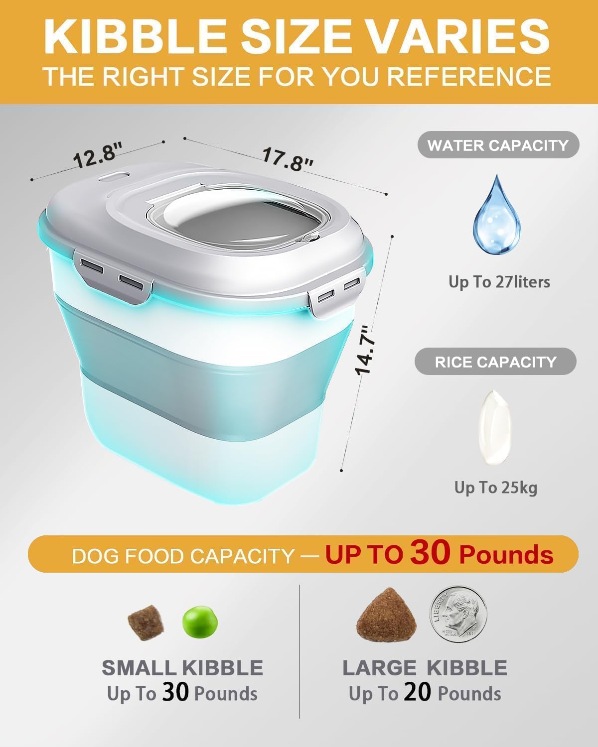 ANVS 2 Pack Dog Food Storage Container - Collapsible Dog Food Container with Airtight Lids, Scoop and 2.5L Small Pet Food Storage Container Dry Food For Dog, Cat and Other Pet Food (Grey, 30lbs)