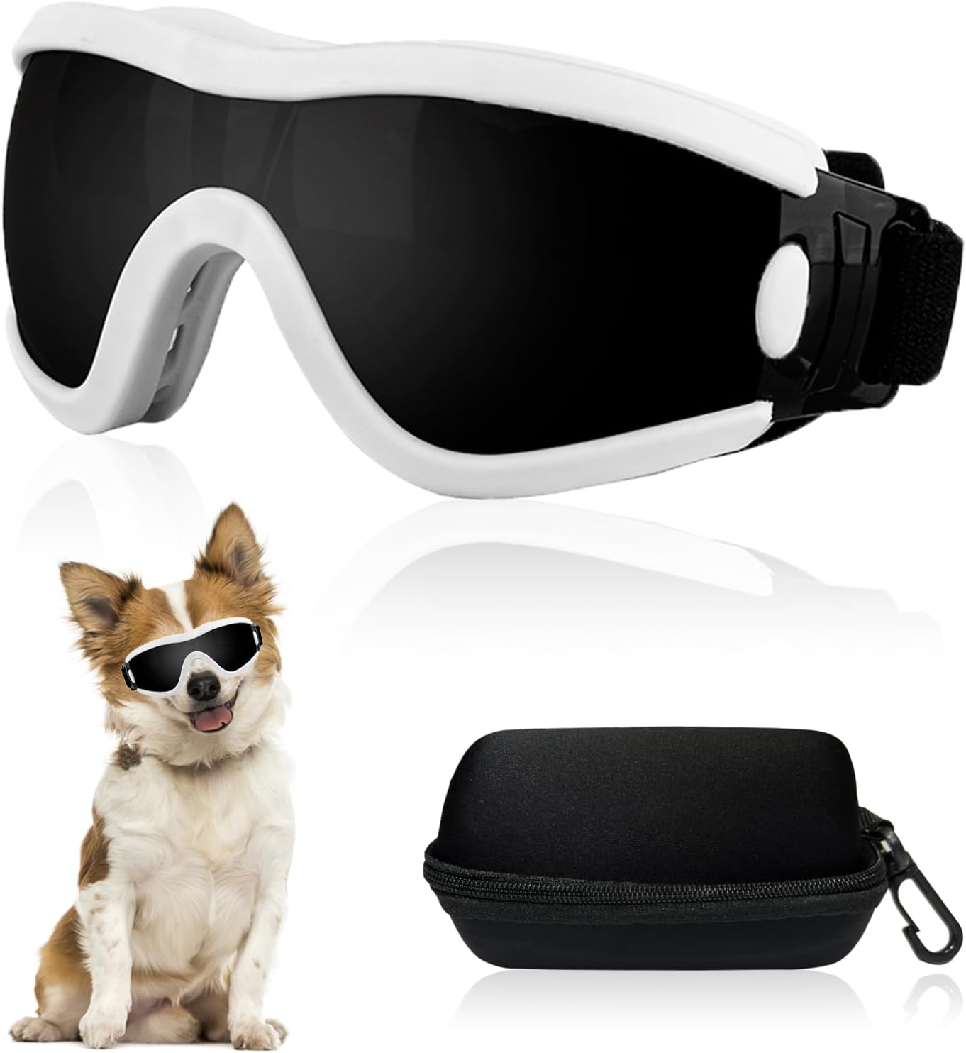 Dog Goggles Small Breed Dog Sunglasses with Adjustable for UV Protection Eyewear Doggy Doggie Puppy Glasses Anti-Fog Wind Dust Snowproof (White Frame Black Lens)