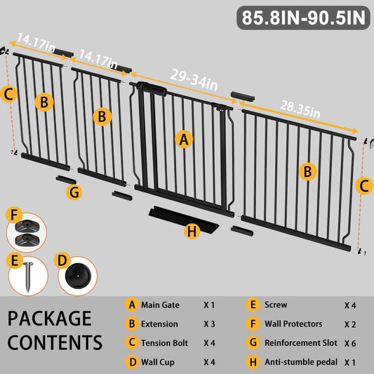 Fairy Baby Extra Wide Baby Gate 85.8-90.5 Inch Wide, Walk Through Pressure Mounted No Drill, Long and Large Tension Gate for Pet and Kids