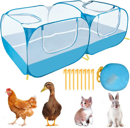 Lukovee Small Animals Playpen, Chicken Pen with Escape-Proof Detachable Bottom & 4 Zipper Doors, Breathable Foldable Portable Large Chicken Run Coop for Puppy Duck Kitten Rabbits Outdoor Yard (Blue)