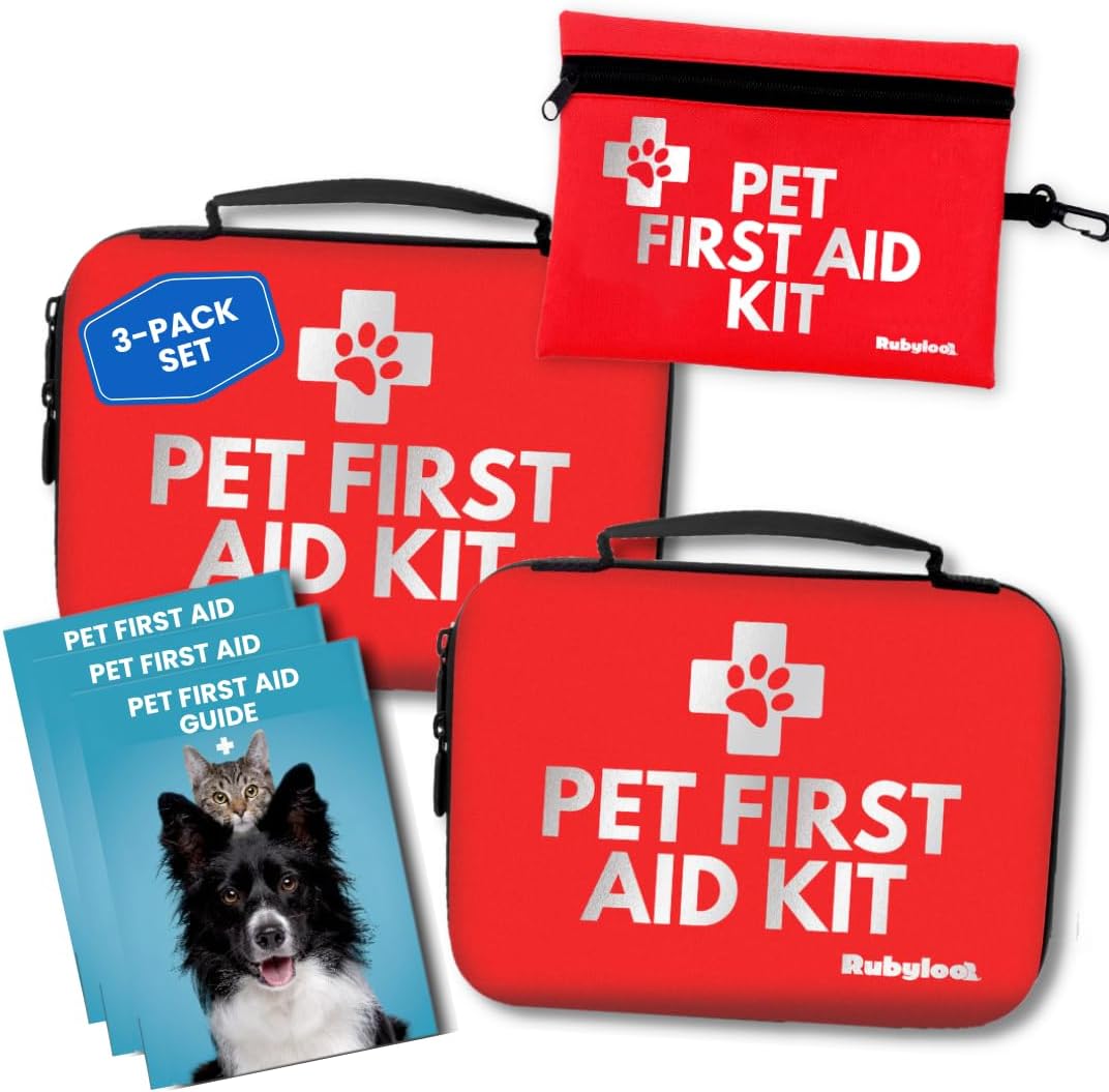 Dog First Aid Kit 3-Pack – 2 Hard-Sided & 1 Compact Travel Pet First Aid Kits – Vet-Approved Emergency Supplies with First Aid Guide, Tick Remover, Thermal Blanket for Hiking, Camping, Car, RV