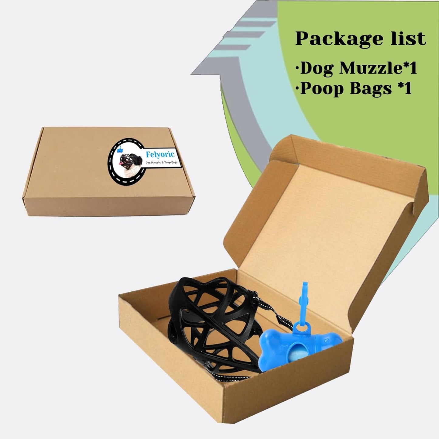 Dog Muzzle, Breathable Basket and Soft Cage Black Dog Mouth Cover,Anti-Biting, Barking and Chewing for Small Medium Large Dogs, 1 Pack Poop Bags for Dogs (L)