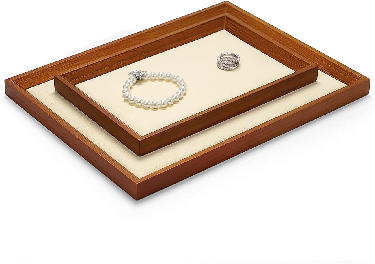 Oirlv Solid Wood Small Jewelry Tray Trade Showcase Countertop Jewelry Display Trays Rectangle Vanity Plate(Creamy-White, Small)