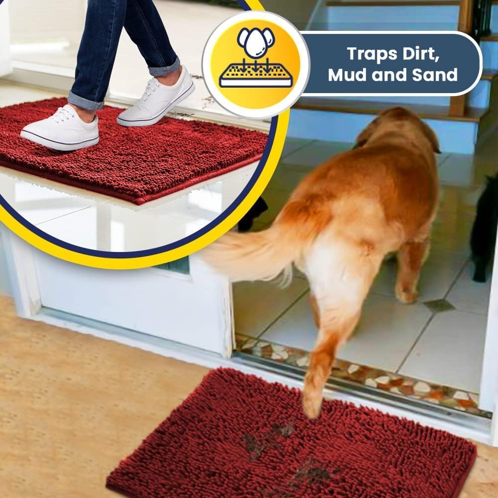 Muddy Mat® AS-SEEN-ON-TV Highly Absorbent Microfiber Door Mat and Pet Rug, Non Slip Thick Washable Area and Bath Mat Soft Chenille for Kitchen Bathroom Bedroom Indoor and Outdoor - Red 24" x 96"