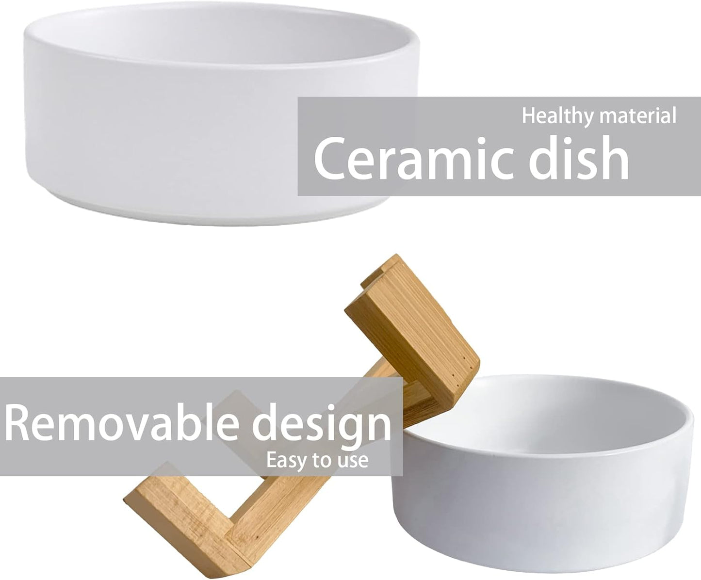 Ceramic Dog Cat Bowl with Wood Stand,Cat Food & Water Bowls Elevated Non-Spill Modern Cute Kitty Dishes Heavy Weighted Round Pet Dishes Set for Kitten Small Cat(White)