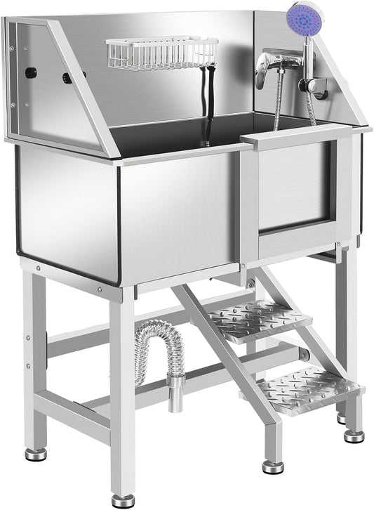 Professional Stainless Steel Dog Bathing Station, Dog Grooming Tub, with Stairs, Floor Grate & Faucet for Dog Bathtub for Large, Medium & Small Pets,34" R-RAMP