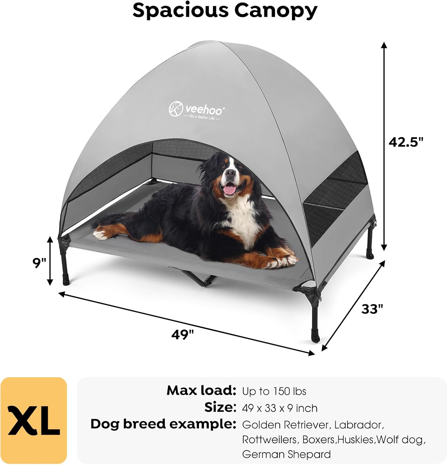Veehoo Outdoor Dog Bed with Canopy, Cooling Elevated Pet Cot with Removable Shade, Non-Slip Feet, Raised Dog Cot for Large Dogs, Pet Tent Bed for Camping, Beach, XLarge, Grey, CWC2411