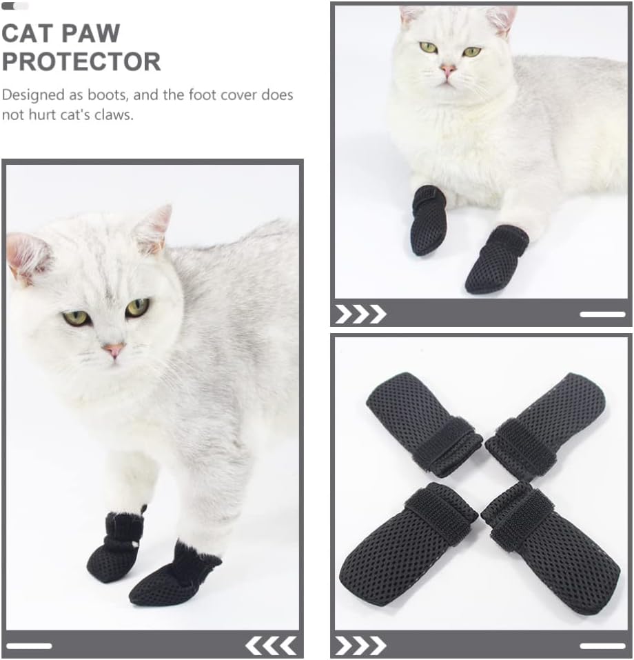 Cat Booties to Prevent Scratching: 4pcs AntiScratch Cat Claw Covers for Feeding Medicine, Pet Grooming, Bathing Shaving Checking, and Nail Trimming, Black Pet Shoes Socks Caps Mittens Paw Protector M