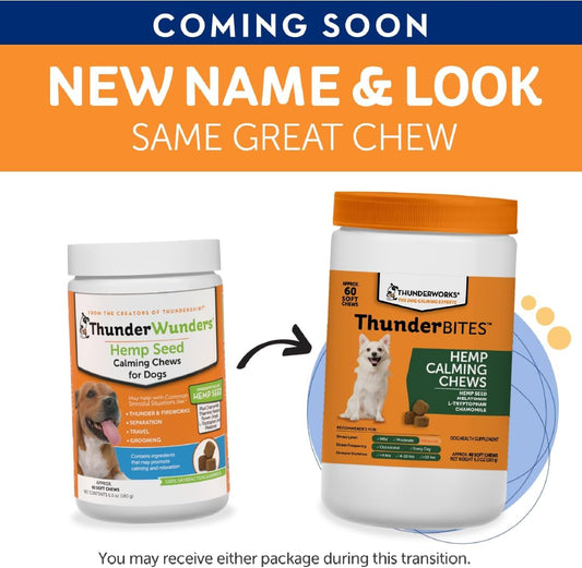ThunderWunders Hemp Dog Calming Chews | Vet Recommended for Situational Anxiety | Fireworks, Thunderstorms, Travel & More | Made with Hemp Seed, Thiamine, L-Tryptophan, Melatonin & Ginger (60 Count)