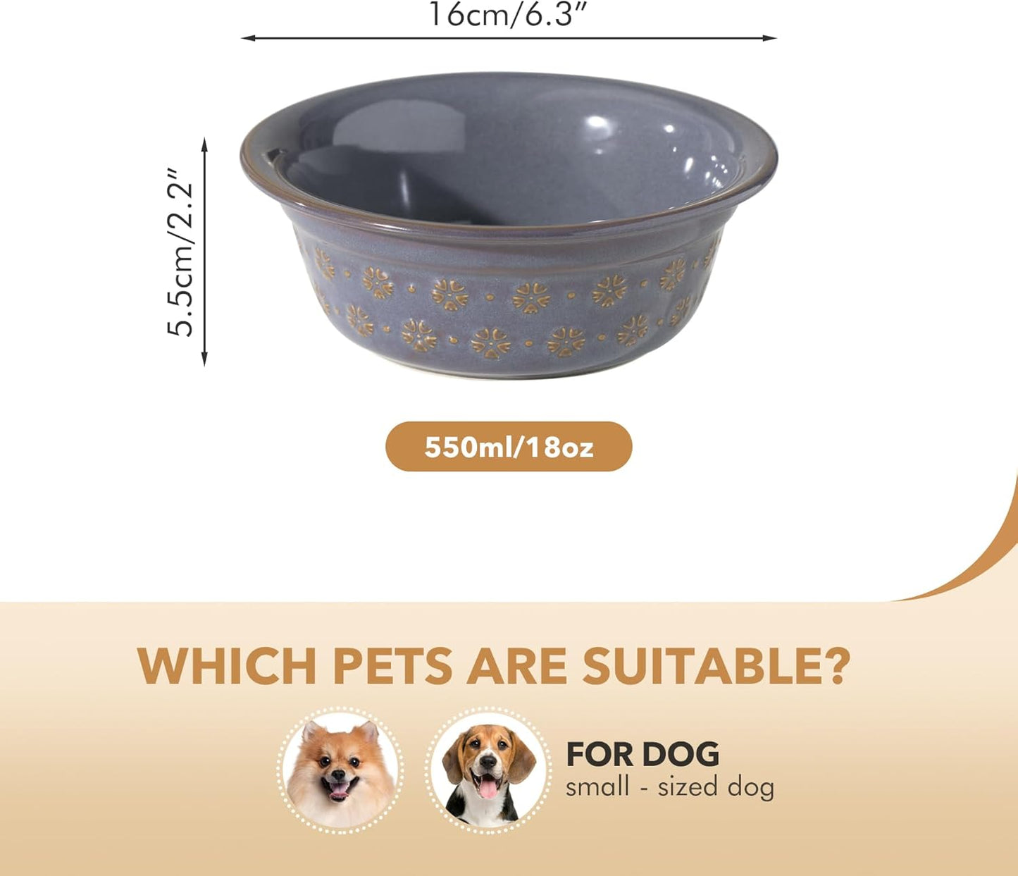 6.3inch Ceramic Set of 2 Dog Bowls, Food and Water Bowls for Small and Medium Dog, 2pcs Basic Dog Bowl, Wide Opening Rounded Edge (2 Bowls, Reactived Glaze -Grey)