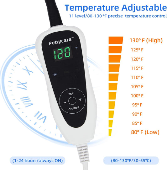 pettycare Pet Heating Pad for Dog Cat, Electric Heating with Steel-Wrapped Cord, 25-Level Timer & 11-Level Temperature Indoor Warming Pads Easy Clean for Puppy Cat Dog L 22x18inch