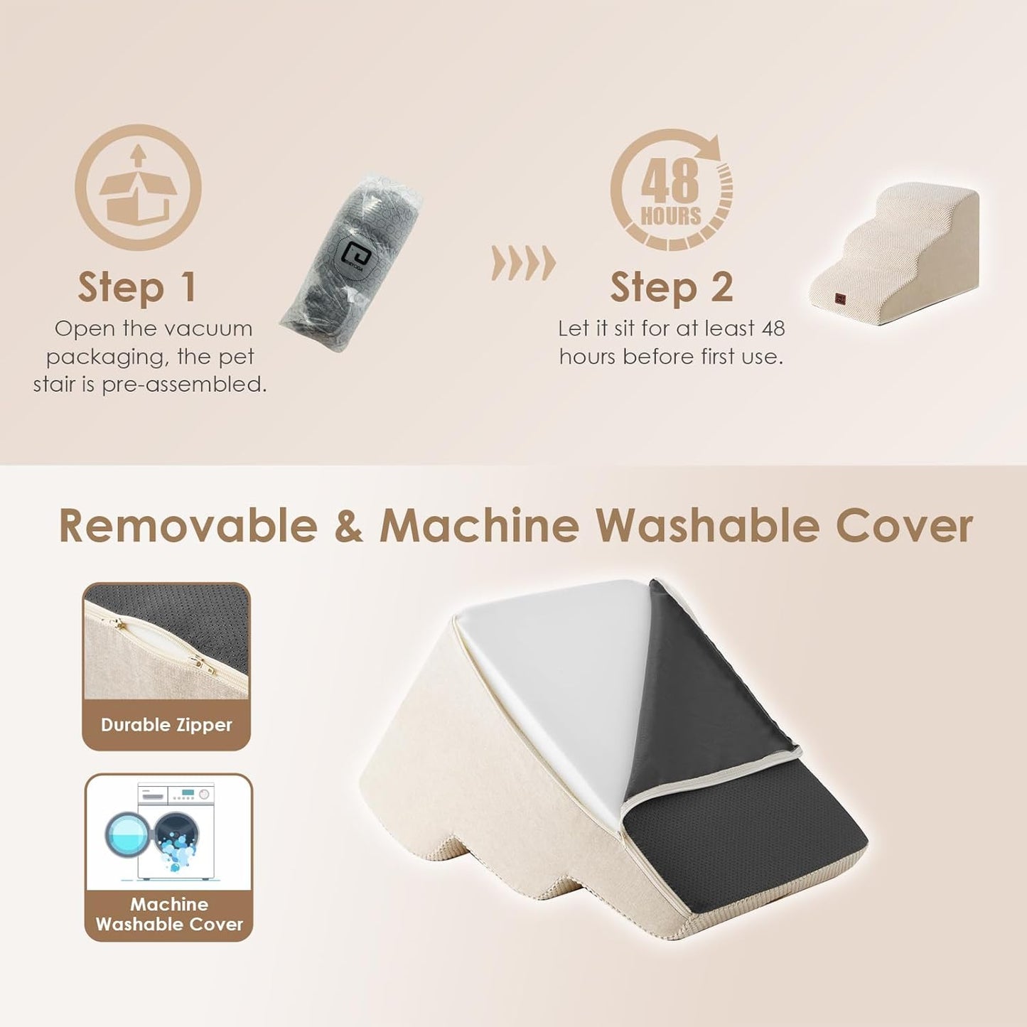 EHEYCIGA Curved Dog Stairs Ramp for Small Dogs 15.7" H, 3-Step Dog Steps for Couch Sofa and Chair, Pet Stairs for Cats, Non-Slip Balanced Pet Steps Indoor, Beige