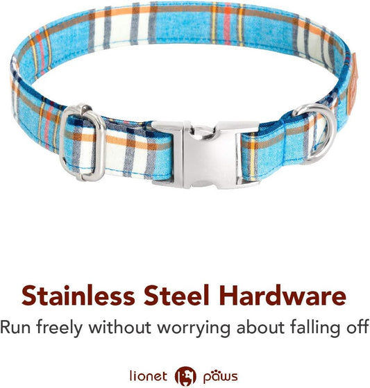 Lionet Paws Boy Dog Collar with Bowtie, Comfortable Adjustable Cute Blue Plaid Bow Tie Collar for Male Dogs Gift, Large, Neck 16-24 inches
