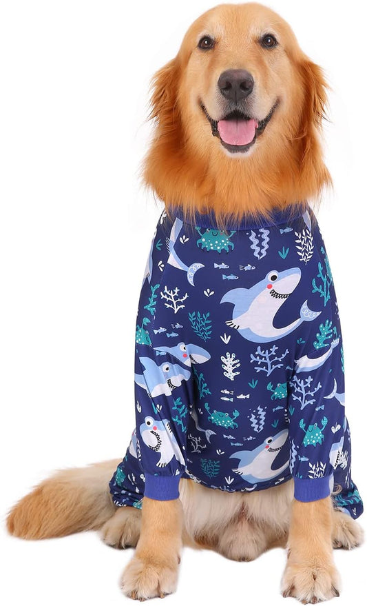 HDE Dog Pajamas One Piece Jammies Jumpsuit Pet Clothes Outfit Stretchy Lightweight Comfy Shirt Pjs for M-3XL Dogs Sharks - 3XL