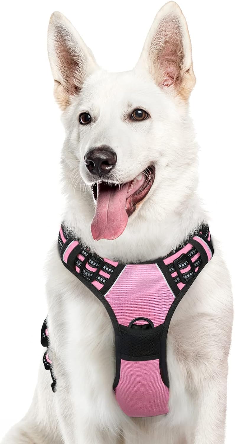 Eagloo Dog Harness Large Breed, No Pull Service Vest with Reflective Strips and Control Handle, Adjustable and Comfortable for Easy Walking, No Choke Pet Harness with 2 Metal Rings, Pink, XL