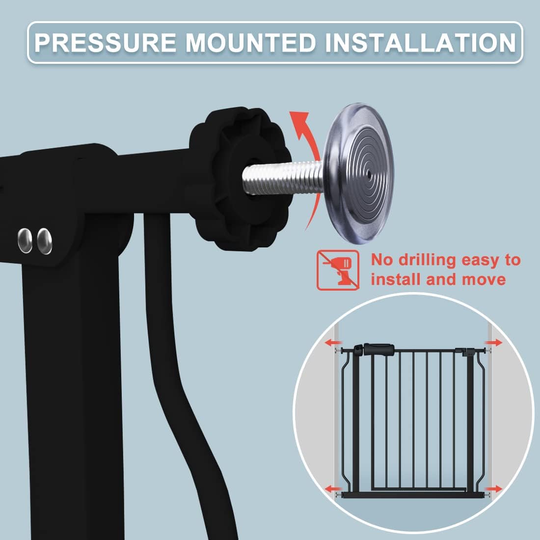 Black Baby Gate 29-34 Inch Wide Walk Through Pressure Mounted Safety Gate with Door No Drill Tension Metal Gate for Dog Cat and Toddler