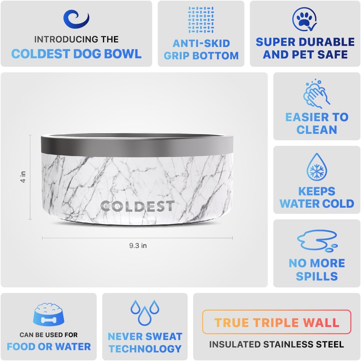 Coldest Dog Bowl - Anti Rust Metal, Non Slip, 3 Layers Insulated Stainless Steel Dog Bowls - Spill Proof & Heavy Duty - Water Bowl for Dogs, Cats & Pets, Dish Washer Safe (100 oz, Carrara Marble)