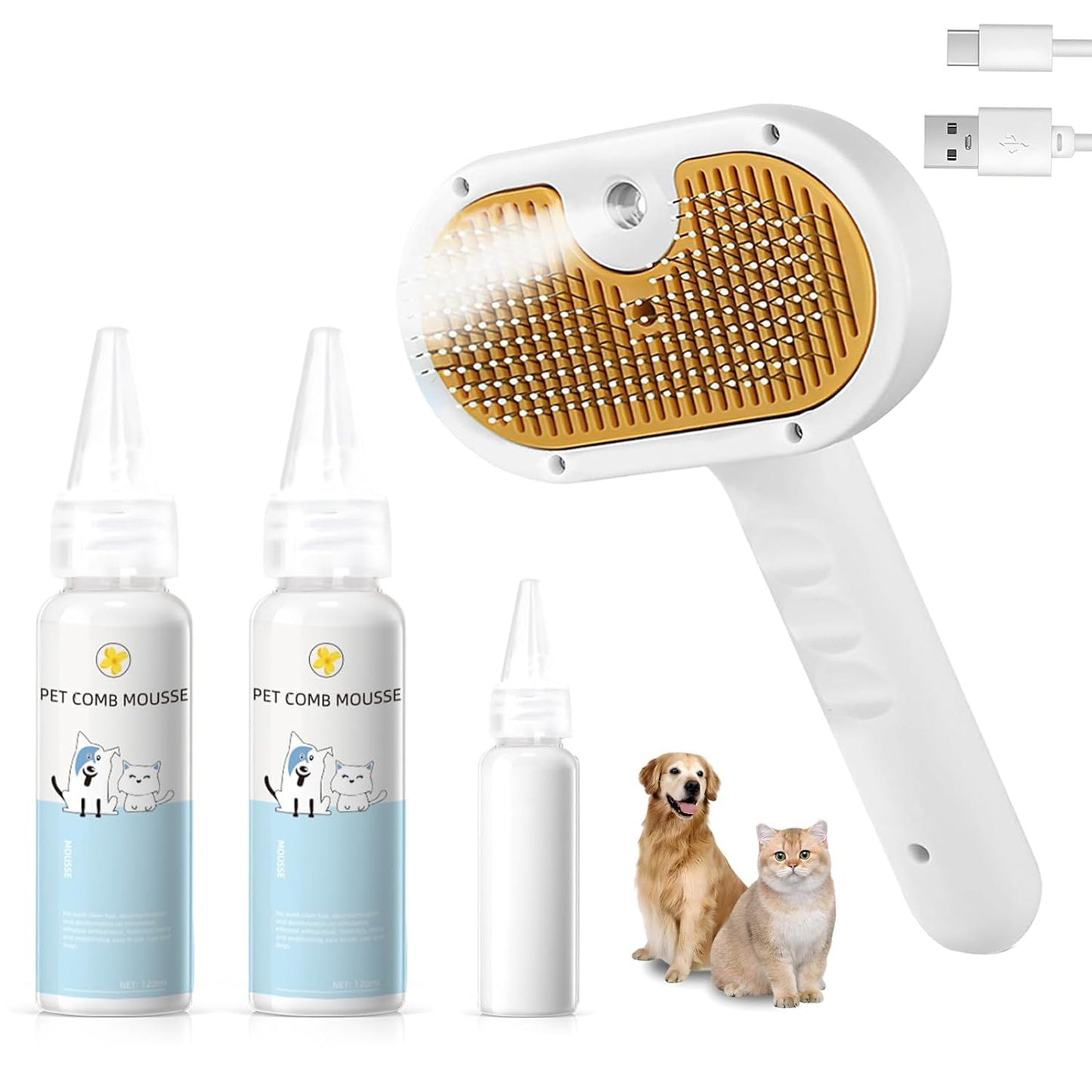 Pet Steam Brush for Dogs and Cats – 3-in-1 Pet Grooming Tool, Spray Portable Design, Suitable for Home and Travel, Ideal for Medium & Long-Haired Pets, Includes 2*Waterless Shampoo, Yellow