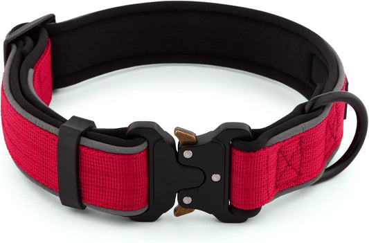 Plutus Pet Tactical Dog Collar, Reflective, Adjustable Heavy Duty Dog Collar, Soft Padded and Comfortable, for Small Medium and Large Dogs (Red, L)