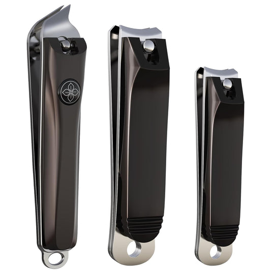 GLAMFIELDS 3pcs Nail Clippers Set, Black Stainless Steel Slanted Edge Nail Clipper & Fingernail & Thick Toenail Trimmer for Men and Women