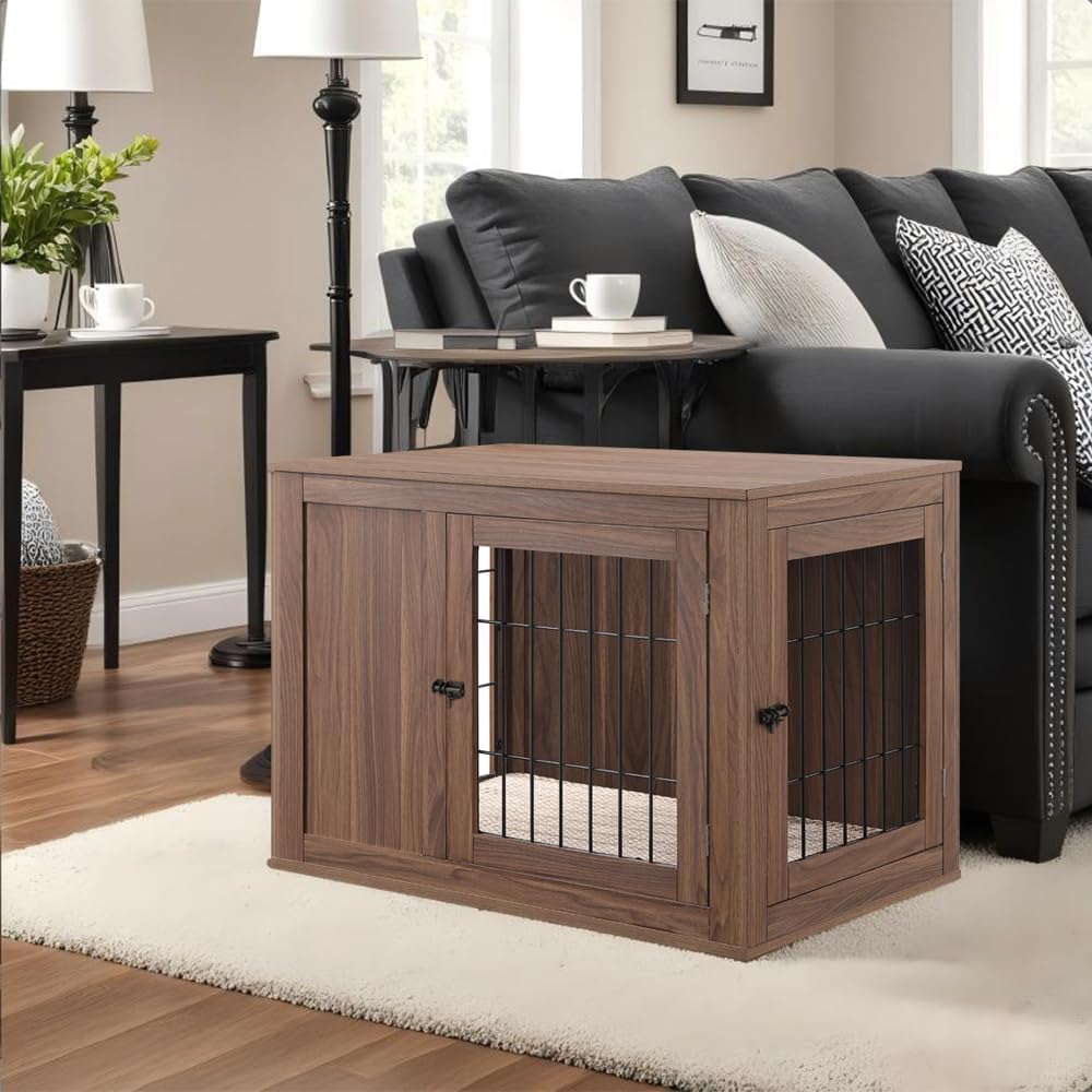 unipaws 30 Inch Furniture Style Dog Crate, Indoor Aesthetic Puppy Kennel with Door, Modern Decorative Wood Wire Pet House Dog Cage, Pretty Cute End Side Table Nightstand, Walnut